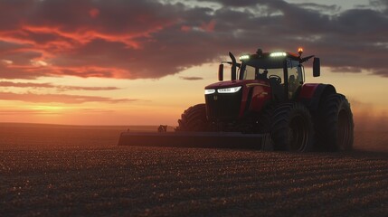 Fototapeta premium Tractor in Sunset Field for Planting Seeds