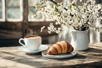 Morning delight with fresh coffee, a buttery croissant, and blossoming flowers on a rustic wooden table