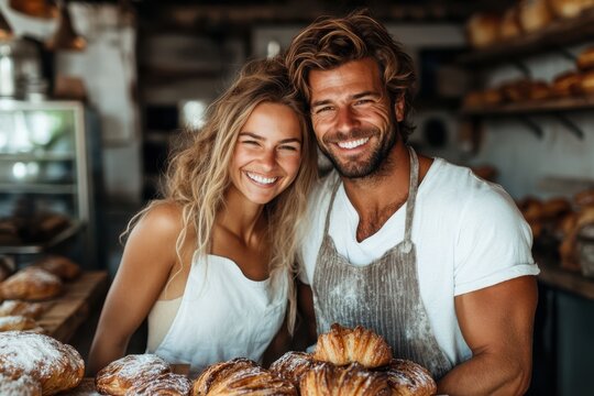 Joyful bakers share smiles and freshly made pastries in a cozy bakery setting