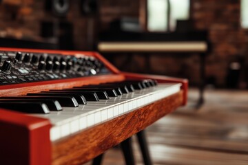 Captivating melodies resonate within a rustic studio featuring a vibrant synthesizer at the...