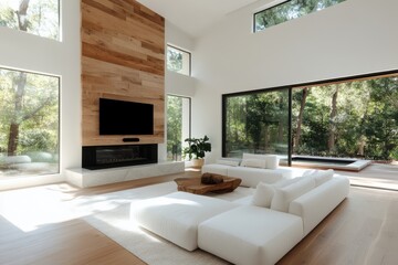 Fototapeta premium Modern living room embraces nature with large windows and minimalist design for a serene atmosphere