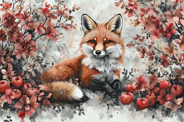 Fototapeta premium A serene fox surrounded by flowers and apples in a whimsical setting.