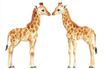 Naklejka premium Two adorable giraffes facing each other in a playful pose.