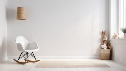 white mock up wall In farmhouse Interior Background in baby room, minimalist chair