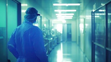 Fototapeta premium A healthcare worker in protective gear stands in a hospital corridor, emphasizing safety and care.