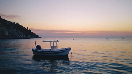 Naklejka premium A serene sunset over calm waters with a small boat anchored peacefully.