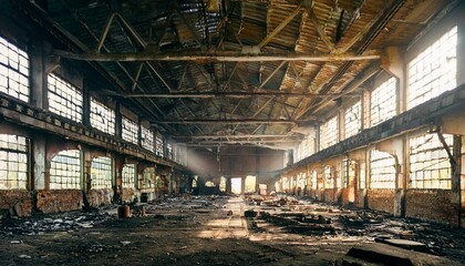 廃墟になった古い工場の室内。（Inside an old abandoned factory.）
