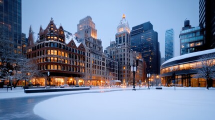 Snow-covered cityscape at dusk with illuminated buildings.