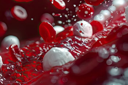 Leukocytes and red blood cells move in a blood vessel