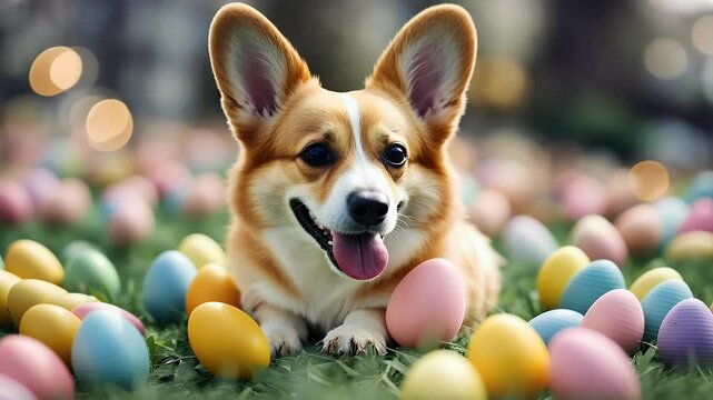 Corgi dog wearing pastel Easterthemed clothing soft yellow backdrop creating cute festive look Easter celebrations