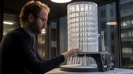 A man carefully adjusts a detailed 3D-printed architectural model of a cylindrical skyscraper. The model is intricate and sits on a base, showcasing architectural design and modern technology.