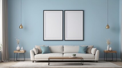 blank frame mockup in contemporary living room design, pale blue wall background