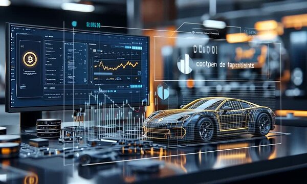 A futuristic workspace featuring a digital car model and cryptocurrency data on a monitor. - Powered by Adobe
