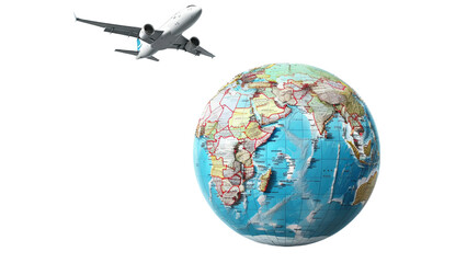 A large globe is shown with a plane flying over it