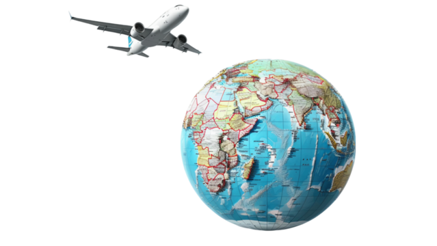 A large globe is shown with a plane flying over it