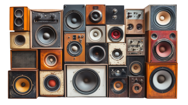 Pile of vintage speakers transparent background
