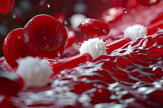 Leukocytes and red blood cells move in a blood vessel