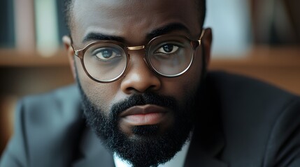 A serious man with glasses stares intently ahead