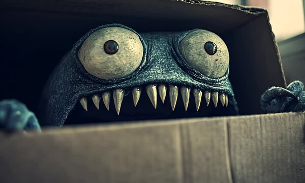 A quirky blue monster with large eyes and sharp teeth peeks from a cardboard box.