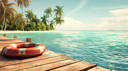 Obraz premium Tropical Beach Scene with Lifebuoy on Wooden Pier Overlooking Ocean Waves and Palm Trees