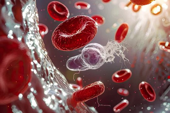Leukocytes and red blood cells move in a blood vessel