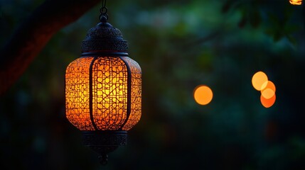 Obraz premium Enchanted Night: A Glowing Moroccan Lantern Hanging from a Tree Branch