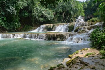 Fototapeta premium A serene waterfall cascading into a turquoise pool surrounded by lush greenery.