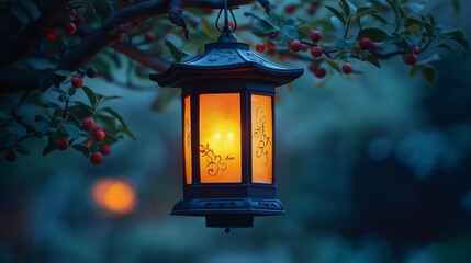 Serene Twilight: Illuminated Lantern Hanging from a Branch in a Tranquil Garden Setting