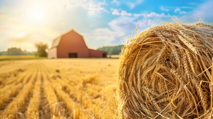 A sunny rural scene featuring a hay bale and a red barn in a golden field.