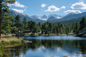 Fototapeta premium A serene mountain landscape featuring a tranquil lake, lush trees, and snow-capped peaks.