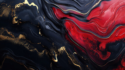 Obraz premium Abstract 3D Flowing Liquid-Like Wave Textures in Red, Gold, and Black Gradient