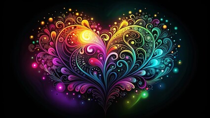 Vibrant, multicolored floral heart design with glowing accents and swirling patterns on dark background
