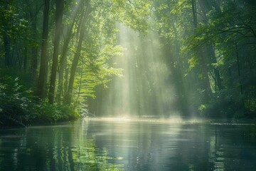 Fototapeta premium Serene forest scene with sunlight filtering through trees, reflecting on calm water.