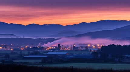 Obraz premium A serene industrial landscape at dawn, with smoke rising against a colorful sky.