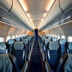 Empty airplane cabin from aisle perspective