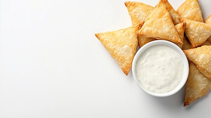 A plate of crispy triangular pastries served with a creamy dip.