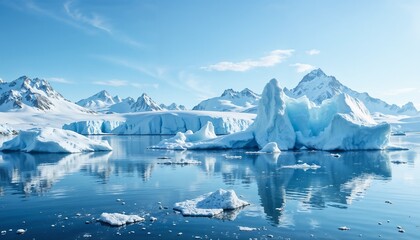 A majestic view of the Antarctic Peninsula with towering icebergs floating in pristine blue waters. Snow-covered mountains in the background under a clear blue sky.  Remote and serene   atmosphere.