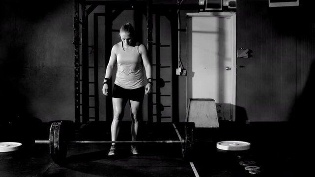 Dramatic black and white shot of young female power lifter lifting barbell over her head in grungy gym.