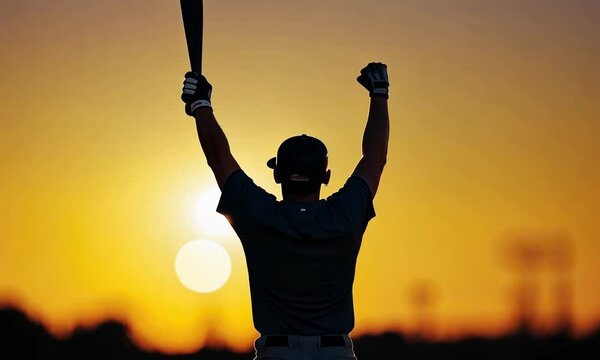 Silhouette of a Baseball Player Celebrating Victory at Sunset A Triumphant Moment Captured in Golden Hour Light - Powered by Adobe