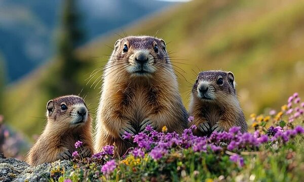 Three cute marmots among colorful flowers in a scenic natural setting.