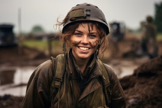 Portrait of a beautiful girl in a military uniform on the battlefield - Powered by Adobe