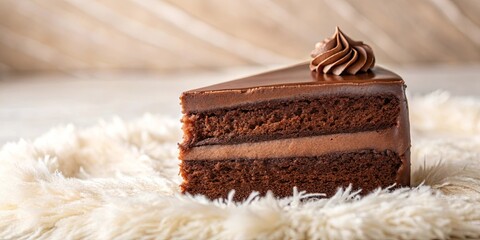 Obraz premium A decadent slice of rich chocolate layer cake, adorned with a swirl of chocolate frosting, rests gently on a soft, fluffy textile