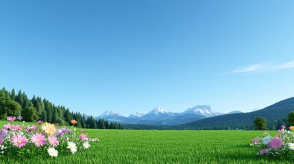 Obraz premium A serene landscape featuring mountains, green fields, and flowers.