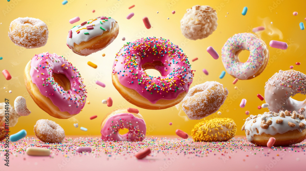 Aufkleber playful image of donuts floating in mid air, showcasing vibrant colors and various toppings, creatin
