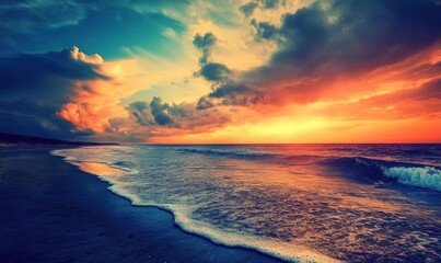 Fototapeta premium A serene sunset over the ocean, with vibrant colors and gentle waves.