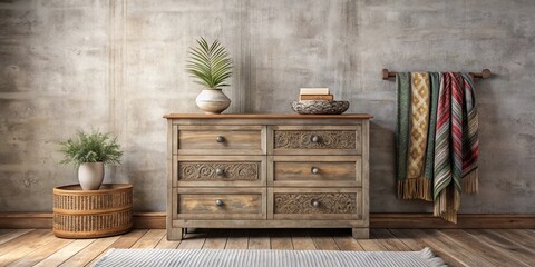Rustic wooden dresser with decorative carvings, complemented by woven side table, potted plants, and a textured throw