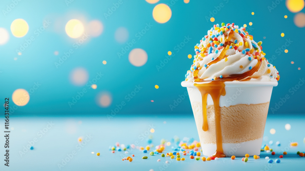 Poster indulge in rich ice cream sundae topped with caramel drizzle and colorful sprinkles, perfect for swe