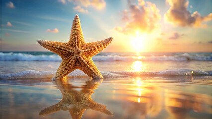 Fototapeta na wymiar Serene sunset beach scene featuring a starfish on the shore, reflected in the calm water