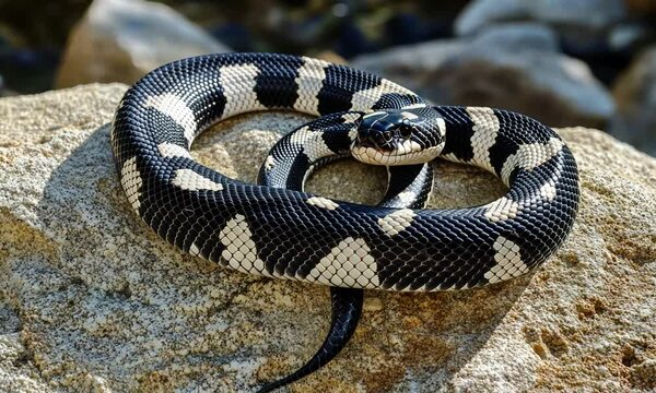Stunning Black and White Snake Coiled on a Rock, A Captivating Wildlife Photography