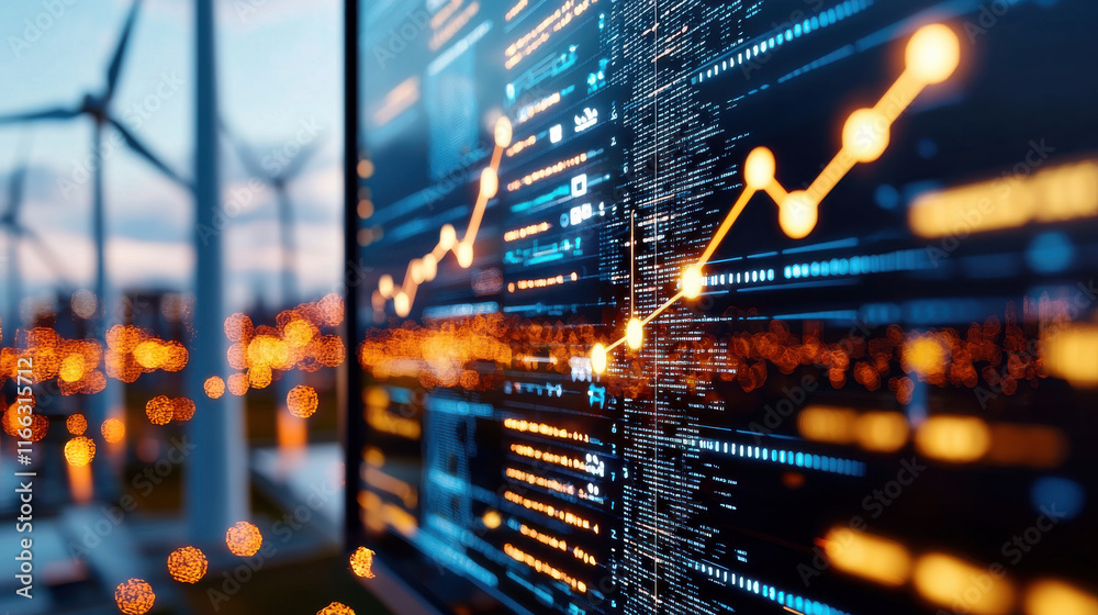 Poster wind turbine farm with digital analytics tools showcasing data trends and insights, highlighting ren